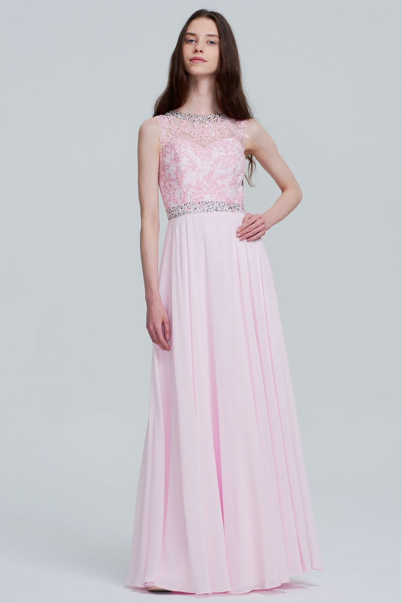 A-Line/Princess Scoop Neck Floor-Length Chiffon Lace Bridesmaid Dress With Beading