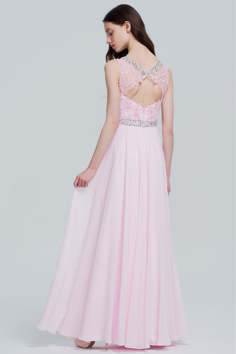 A-Line/Princess Scoop Neck Floor-Length Chiffon Lace Bridesmaid Dress With Beading
