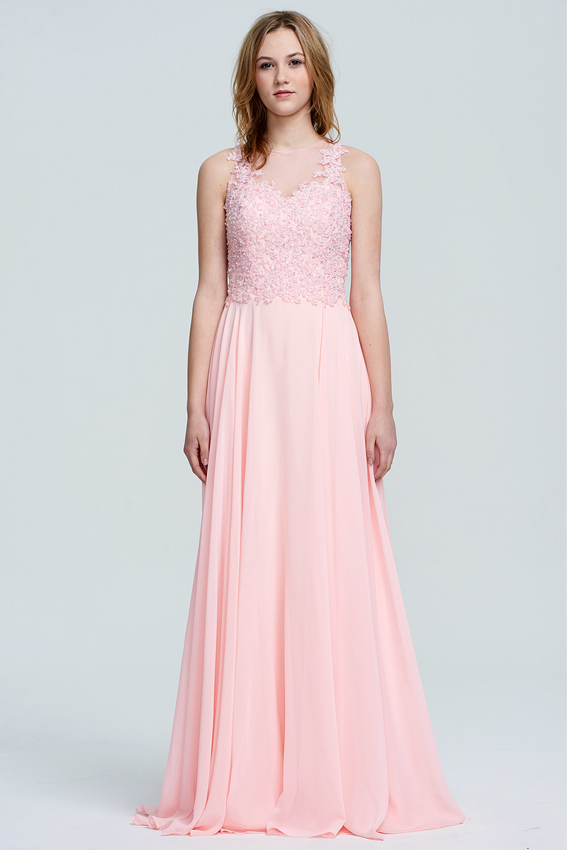 A-Line Scoop Neck Floor-Length Chiffon Lace Top Bridesmaid Dress With Beading