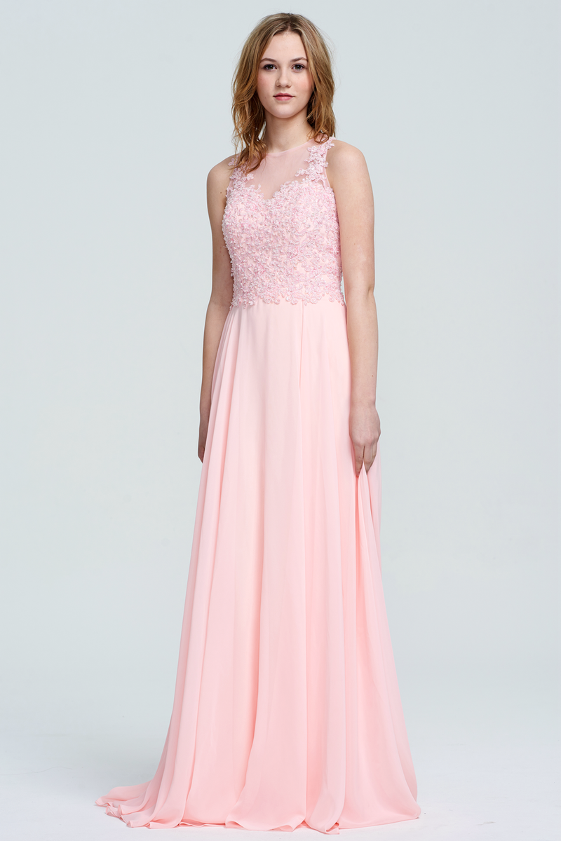 A-Line Scoop Neck Floor-Length Chiffon Lace Top Bridesmaid Dress With Beading