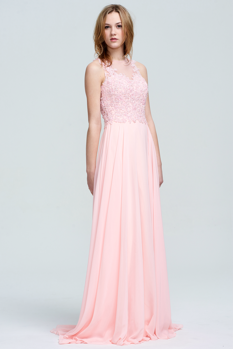 A-Line Scoop Neck Floor-Length Chiffon Lace Top Bridesmaid Dress With Beading