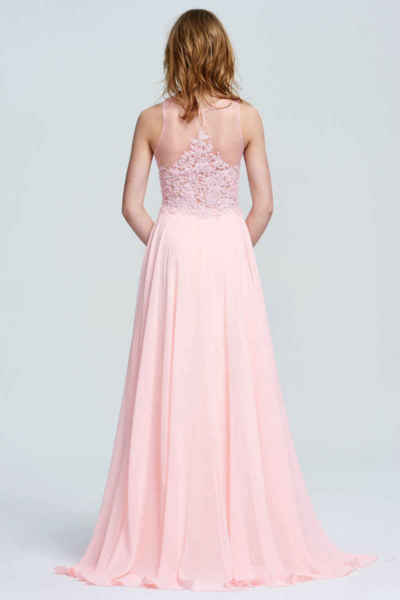 A-Line Scoop Neck Floor-Length Chiffon Lace Top Bridesmaid Dress With Beading