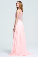 A-Line Scoop Neck Floor-Length Chiffon Lace Top Bridesmaid Dress With Beading