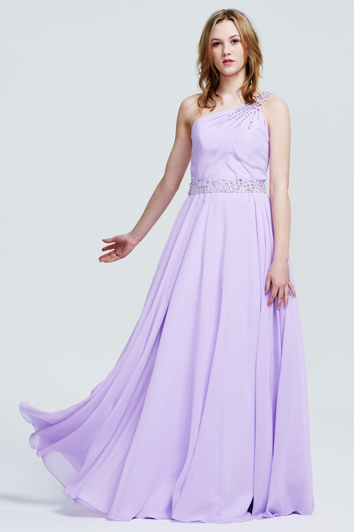 A-Line One-Shoulder Floor-Length Chiffon Lace Bridesmaid Dress With Beading