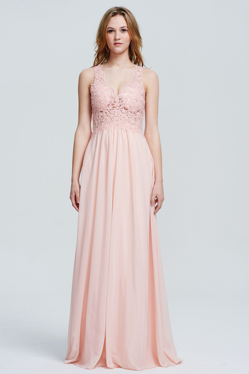 A-Line V-neck Floor-Length Chiffon Sheer Lace Top Bridesmaid Dress With Beading