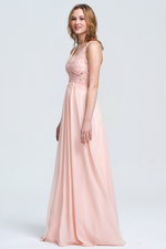 A-Line V-neck Floor-Length Chiffon Sheer Lace Top Bridesmaid Dress With Beading