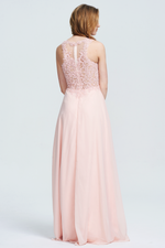 A-Line V-neck Floor-Length Chiffon Sheer Lace Top Bridesmaid Dress With Beading