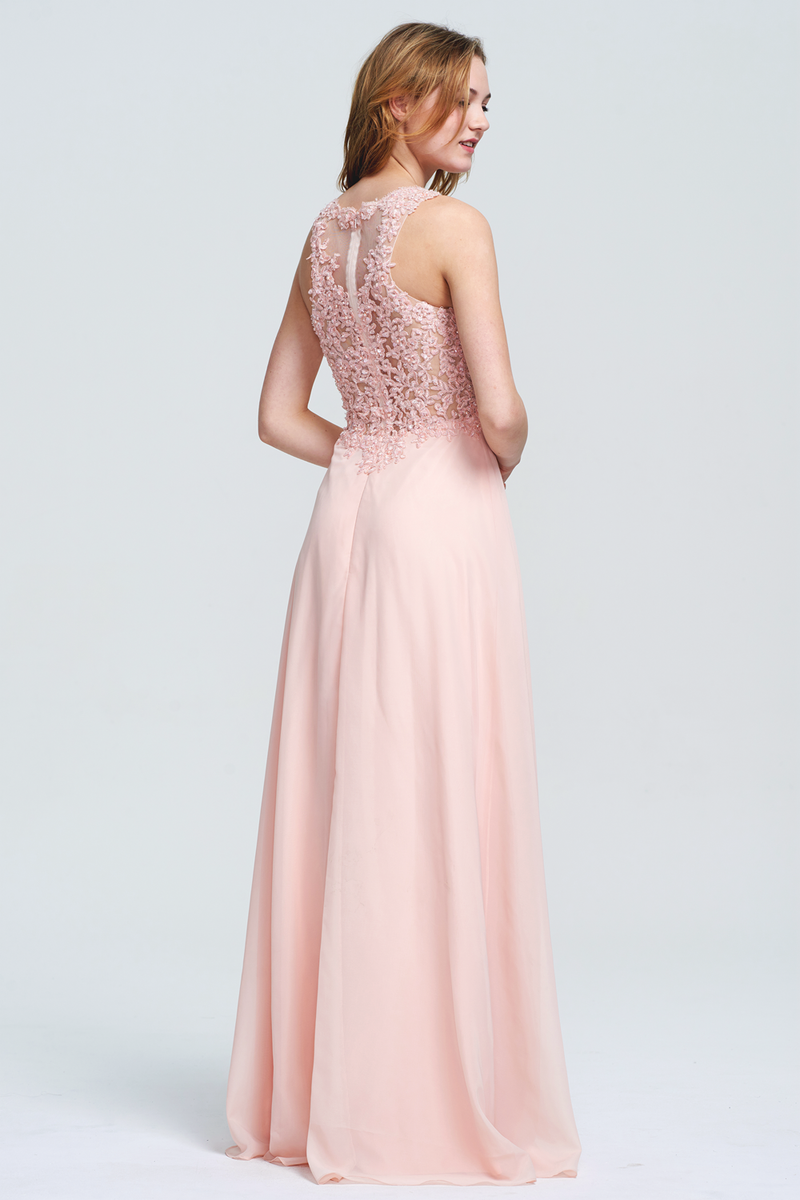 A-Line V-neck Floor-Length Chiffon Sheer Lace Top Bridesmaid Dress With Beading