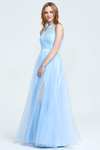 A-Line Scoop Neck Floor-Length Tulle Lace Top Prom Dress With Front Split