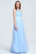 A-Line Scoop Neck Floor-Length Tulle Lace Top Prom Dress With Front Split