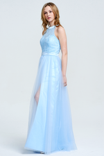 A-Line Scoop Neck Floor-Length Tulle Lace Top Prom Dress With Front Split