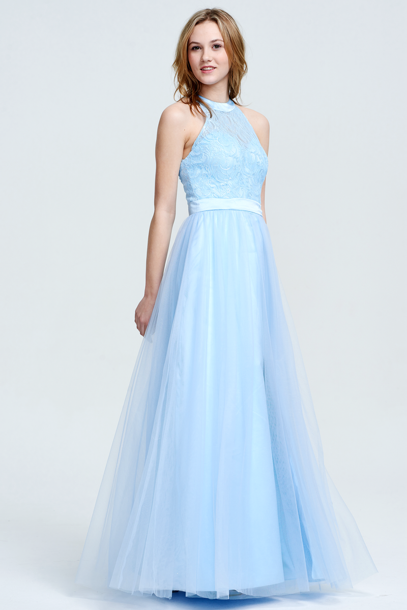 A-Line Scoop Neck Floor-Length Tulle Lace Top Prom Dress With Front Split