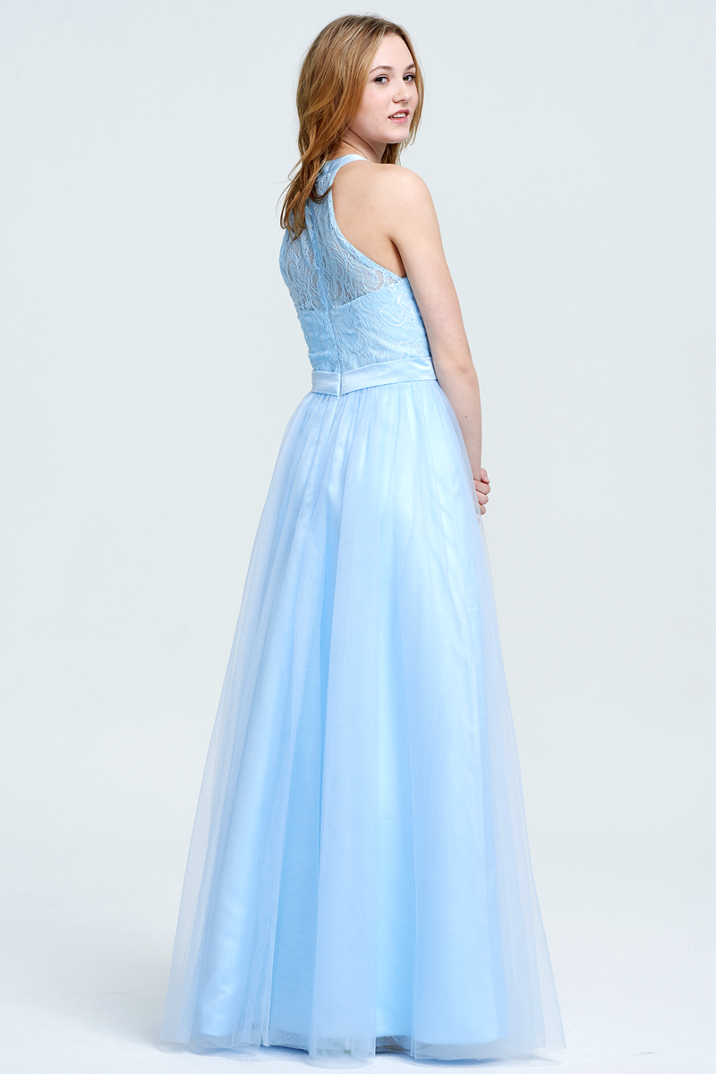A-Line Scoop Neck Floor-Length Tulle Lace Top Prom Dress With Front Split