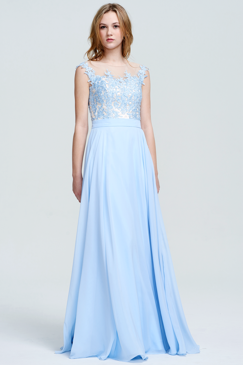 A-Line Scoop Neckline Sweetheart Floor-Length Chiffon Sheer Lace Top Bridesmaid Dress