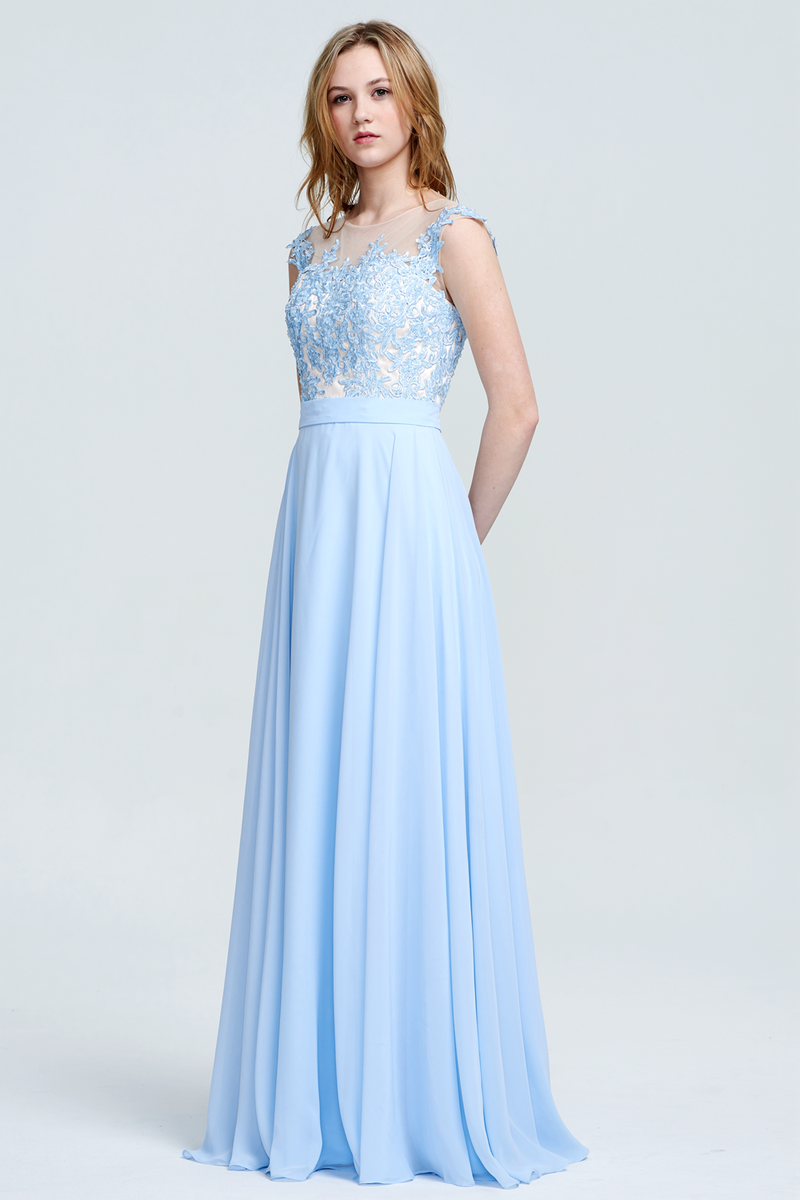 A-Line Scoop Neckline Sweetheart Floor-Length Chiffon Sheer Lace Top Bridesmaid Dress