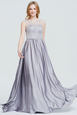 A-Line Scoop Neck Floor-Length Sweetheart Satin Prom Dress With Beading