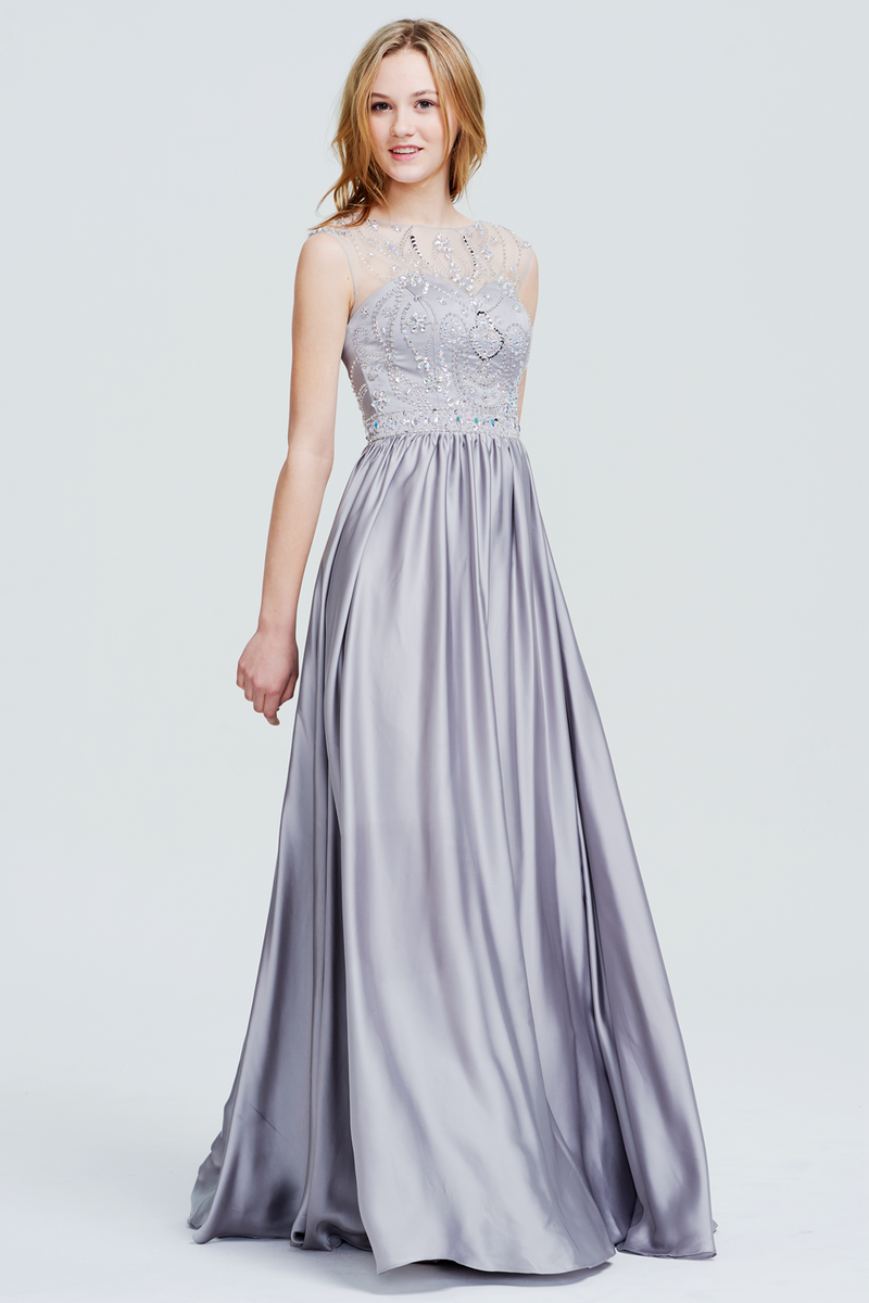 A-Line Scoop Neck Floor-Length Sweetheart Satin Prom Dress With Beading