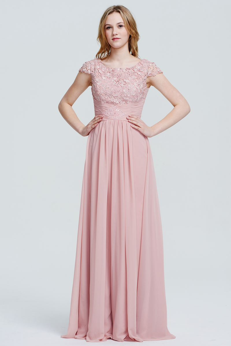 A-Line Scoop Neckline Floor-Length Chiffon Lace Top Bridesmaid Dress With Ruffle Beading Band