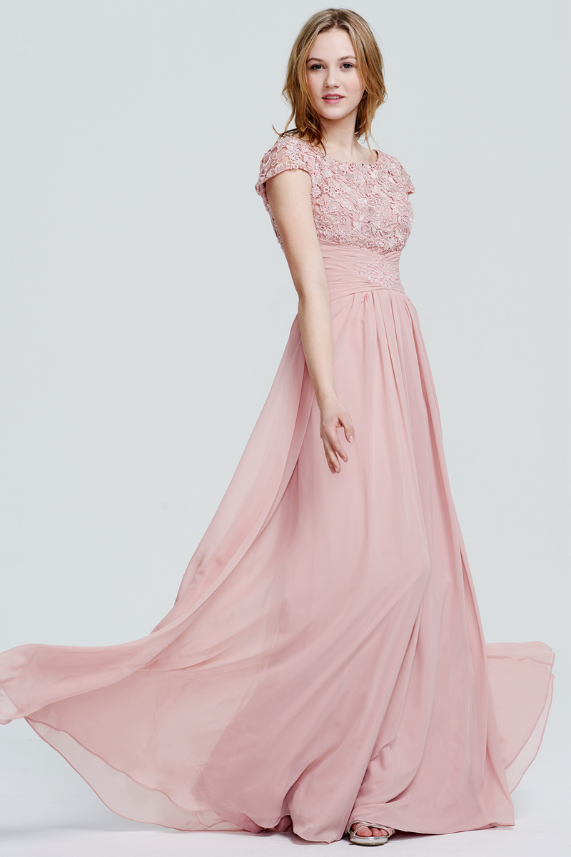 A-Line Scoop Neckline Floor-Length Chiffon Lace Top Bridesmaid Dress With Ruffle Beading Band