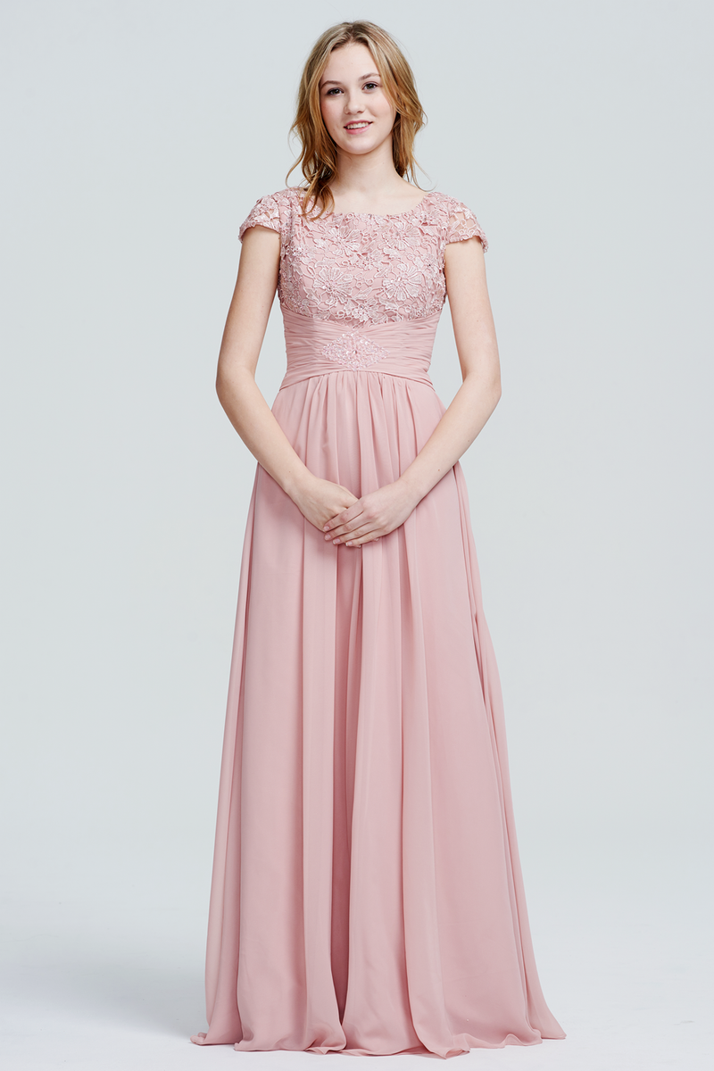 A-Line Scoop Neckline Floor-Length Chiffon Lace Top Bridesmaid Dress With Ruffle Beading Band