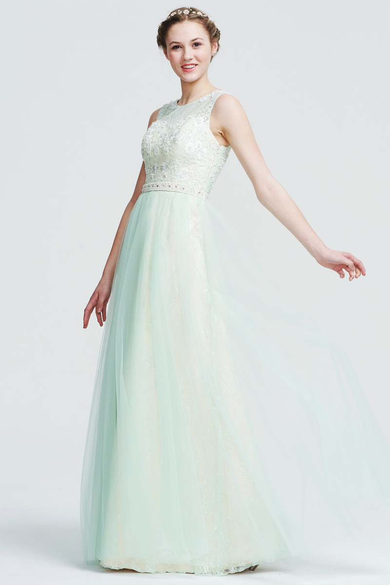 A-Line Scoop Neck  Floor-Length Tulle Bridesmaid Dress With Beading Waist Belt