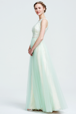 A-Line Scoop Neck  Floor-Length Tulle Bridesmaid Dress With Beading Waist Belt