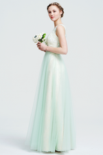 A-Line Scoop Neck  Floor-Length Tulle Bridesmaid Dress With Beading Waist Belt