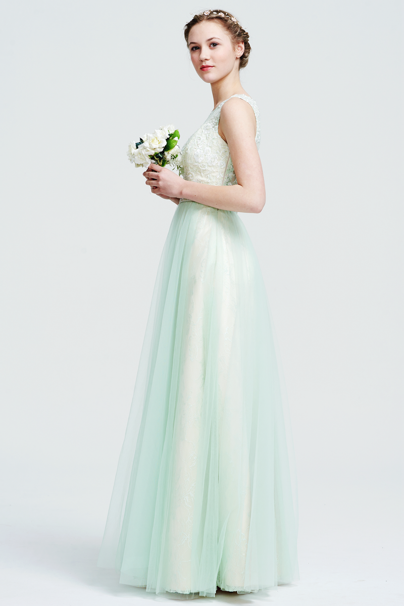 A-Line Scoop Neck  Floor-Length Tulle Bridesmaid Dress With Beading Waist Belt