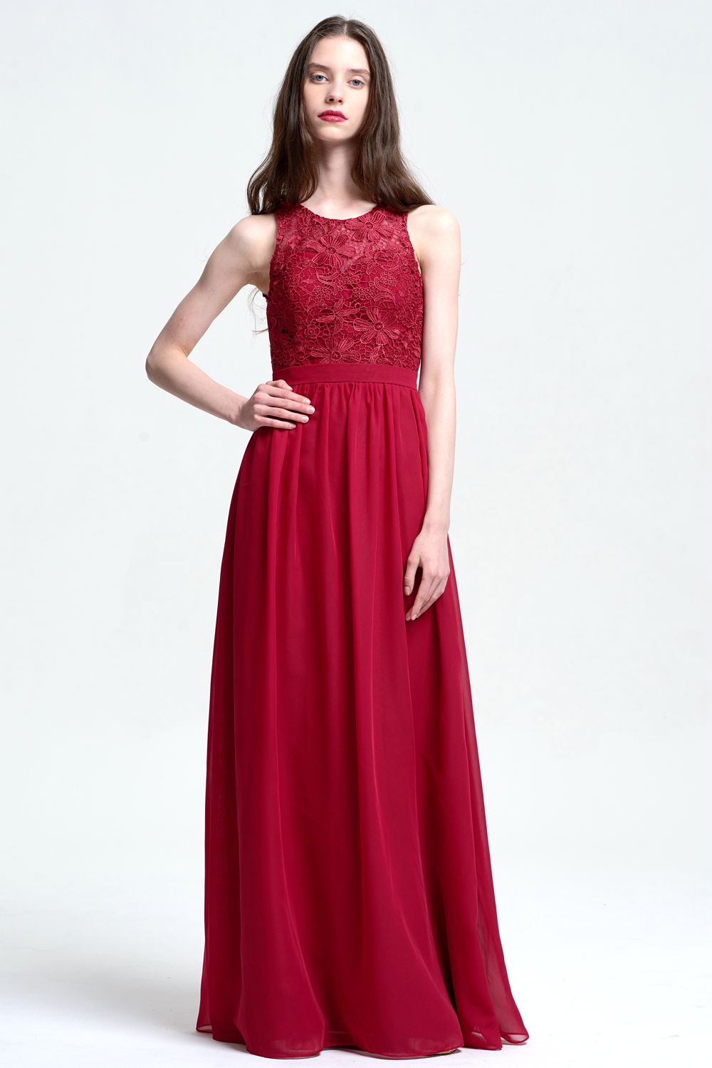 A-Line Scoop Neck Floor-Length Chiffon Bridesmaid Dress With Lace Flow promlinks A-Line Scoop Neck Floor-Length Chiffon Bridesmaid Dress With Lace Flow promlinks