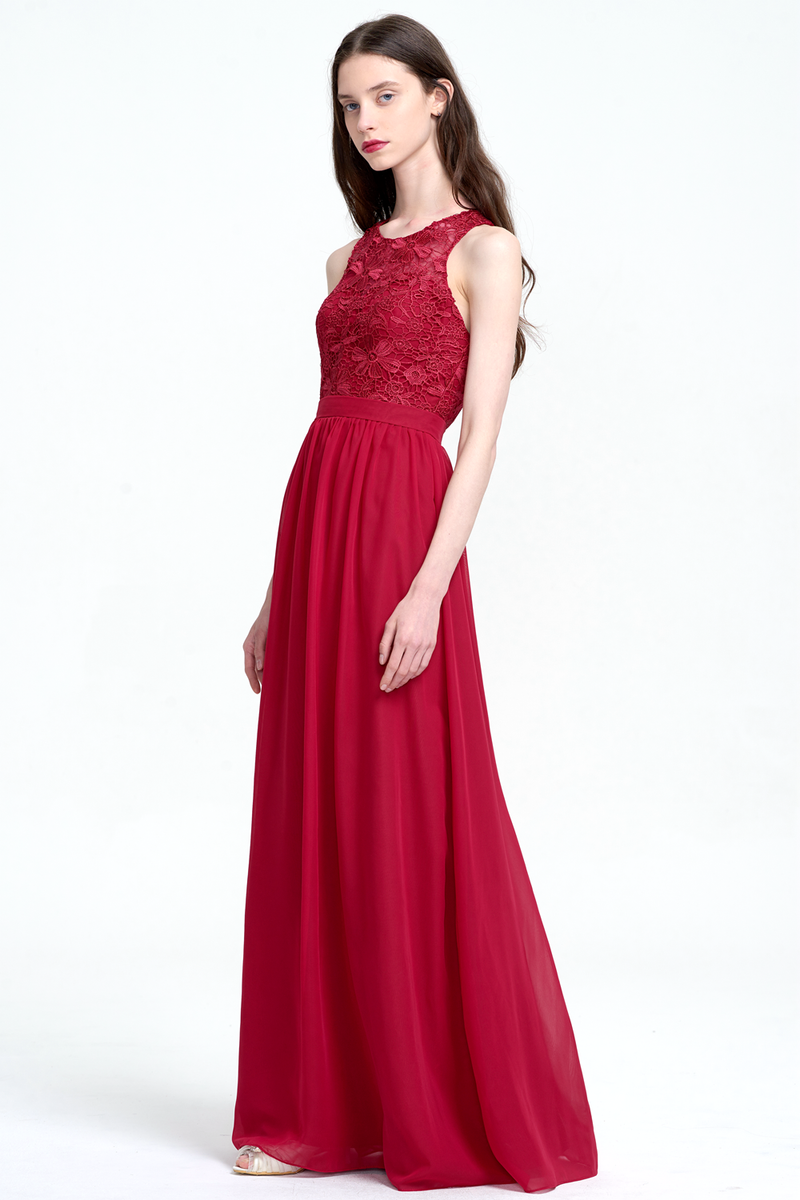 A-Line Scoop Neck  Floor-Length Chiffon Bridesmaid Dress With Lace Flower Top