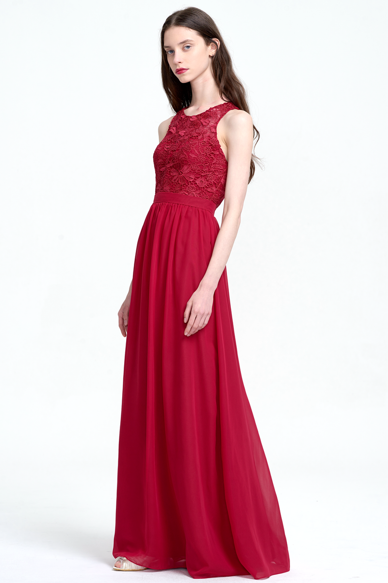 A-Line Scoop Neck Floor-Length Chiffon Bridesmaid Dress With Lace Flow promlinks A-Line Scoop Neck Floor-Length Chiffon Bridesmaid Dress With Lace Flow promlinks