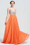 A-Line V-neck Floor-Length Beading Top Chiffon Prom Dress With Backless Design