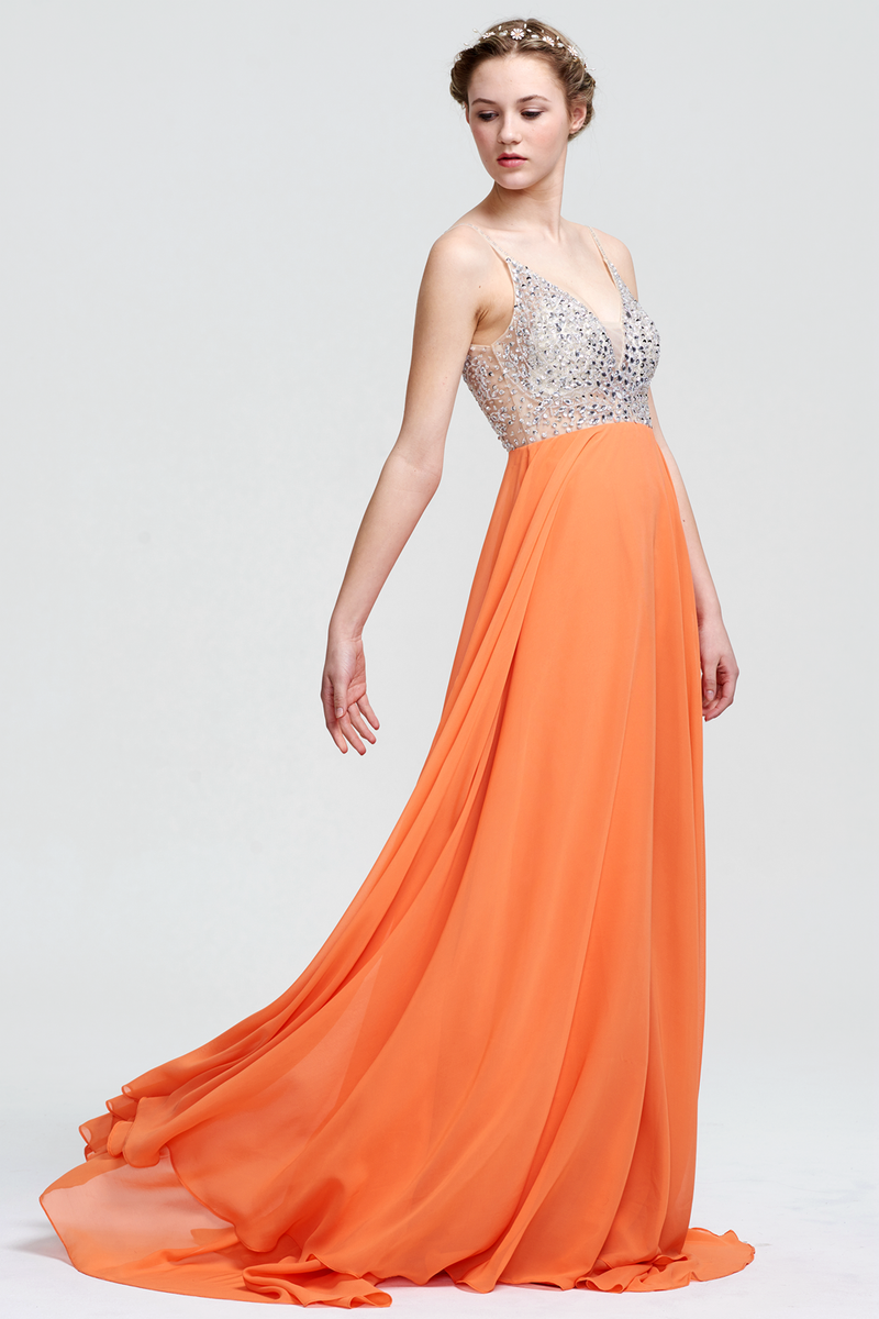 A-Line V-neck Floor-Length Beading Top Chiffon Prom Dress With Backless Design