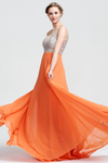 A-Line V-neck Floor-Length Beading Top Chiffon Prom Dress With Backless Design