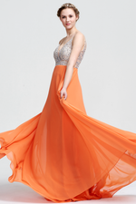 A-Line V-neck Floor-Length Beading Top Chiffon Prom Dress With Backless Design