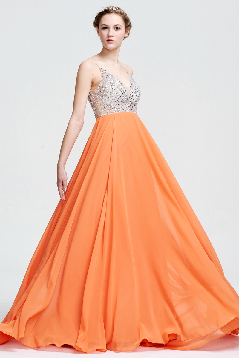 A-Line V-neck Floor-Length Beading Top Chiffon Prom Dress With Backless Design