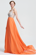 A-Line V-neck Floor-Length Beading Top Chiffon Prom Dress With Backless Design