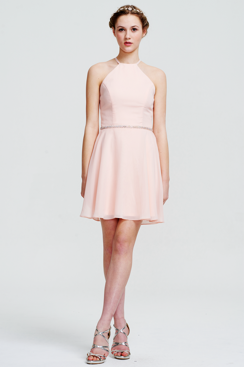 A-Line Halter Neck Mini/Short Sleeveless Chiffon Bridesmaid Dress With Beading