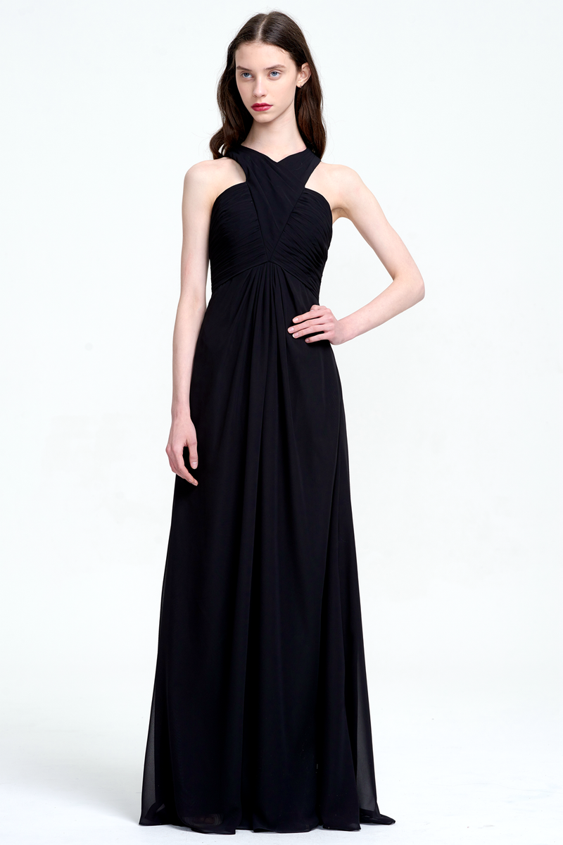 A-Line Halter Neck Floor-Length Chiffon Ruffle Bridesmaid Dress With Straps