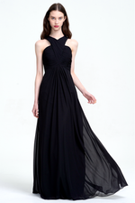 A-Line Halter Neck Floor-Length Chiffon Ruffle Bridesmaid Dress With Straps