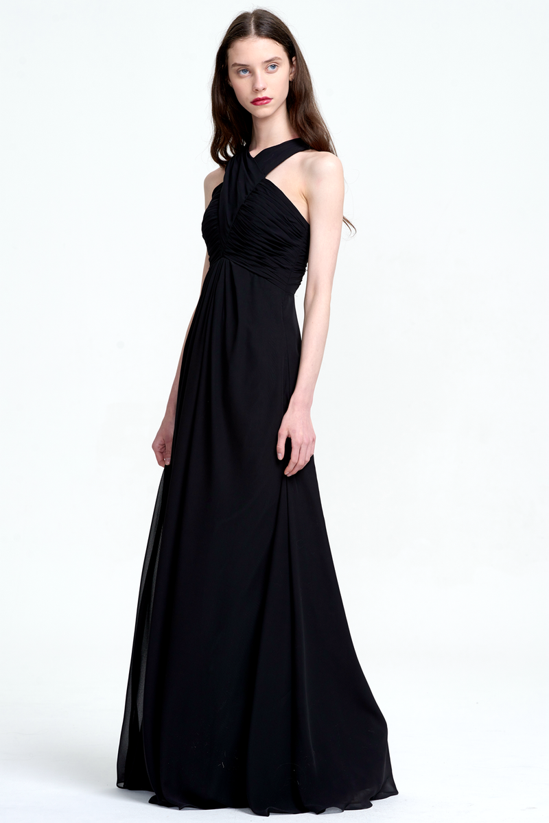 A-Line Halter Neck Floor-Length Chiffon Ruffle Bridesmaid Dress With Straps