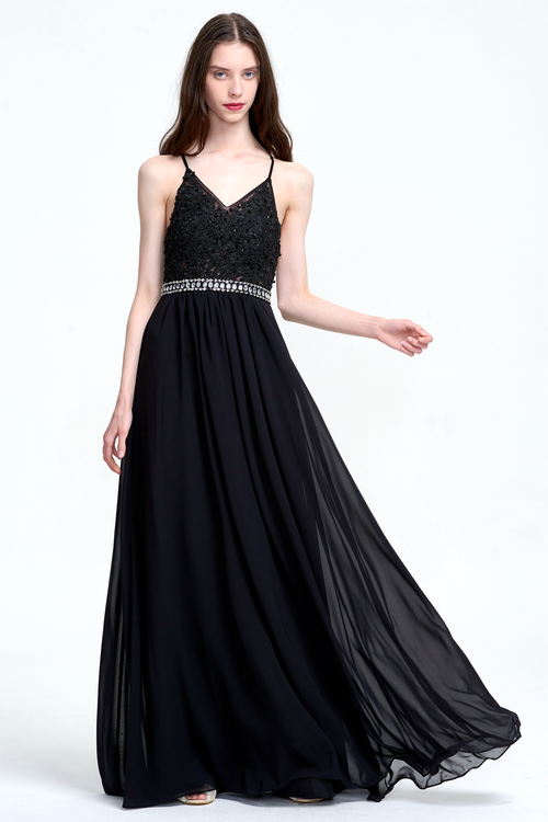 A-Line V-neck Floor-Length Chiffon Prom Dress With Beading Belt