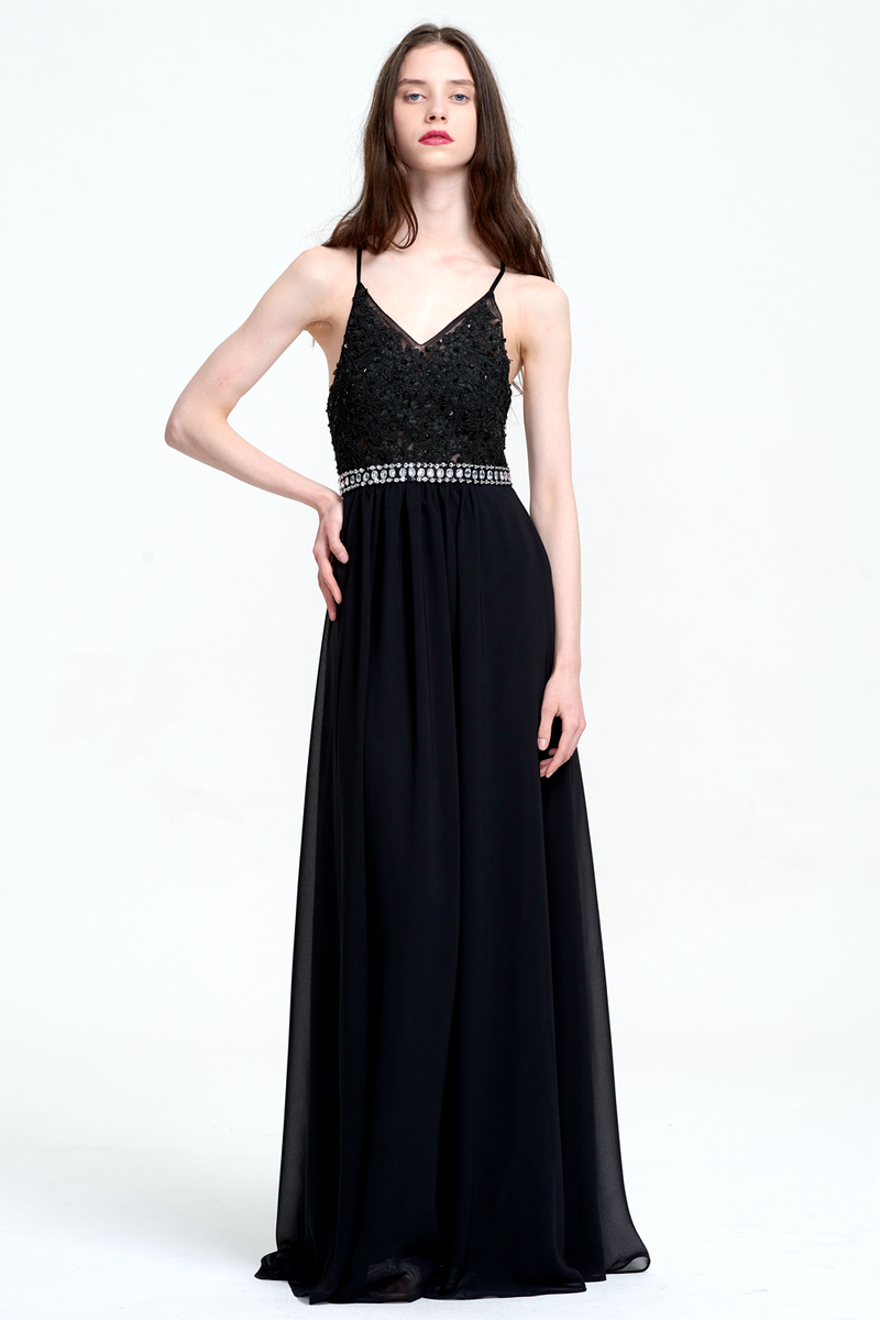 A-Line V-neck Floor-Length Chiffon Prom Dress With Beading Belt