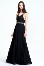 A-Line V-neck Floor-Length Chiffon Prom Dress With Beading Belt