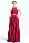 A-Line Halter Neck Floor-Length Chiffon Lace Top Prom Dress With Beading