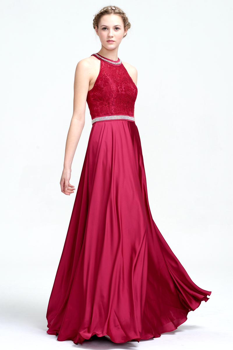 A-Line Halter Neck Floor-Length Chiffon Lace Top Prom Dress With Beading
