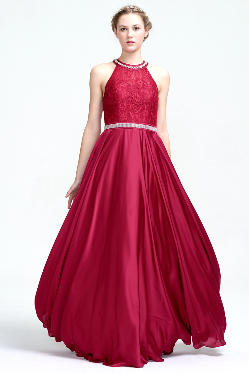 A-Line Halter Neck Floor-Length Chiffon Lace Top Prom Dress With Beading