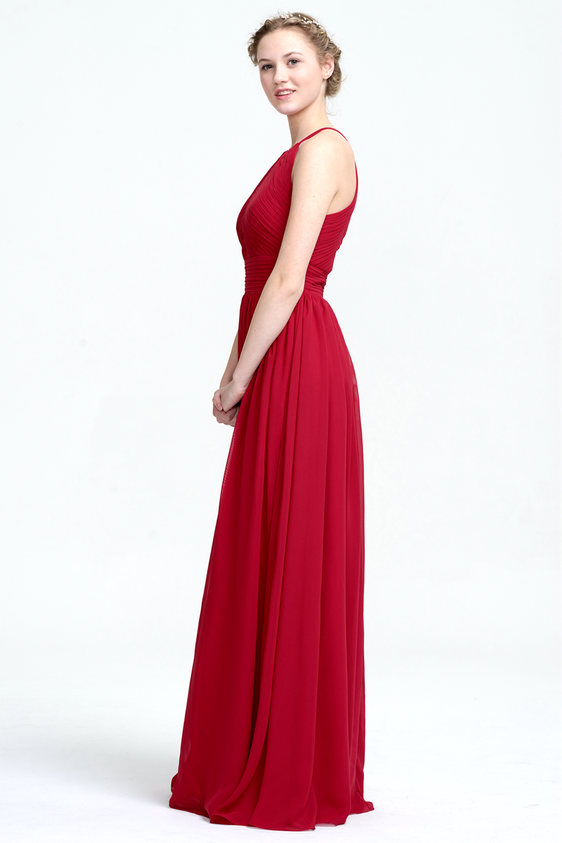 Burgundy A-Line Scoop Neckline Floor-Length Chiffon Prom Dress With Ruffle Design Top