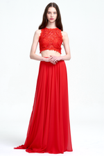 Two Piece A-Line Scoop Neckline Floor-Length Chiffon Prom Dress With Lace Top