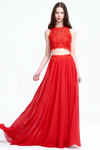 Two Piece A-Line Scoop Neckline Floor-Length Chiffon Prom Dress With Lace Top